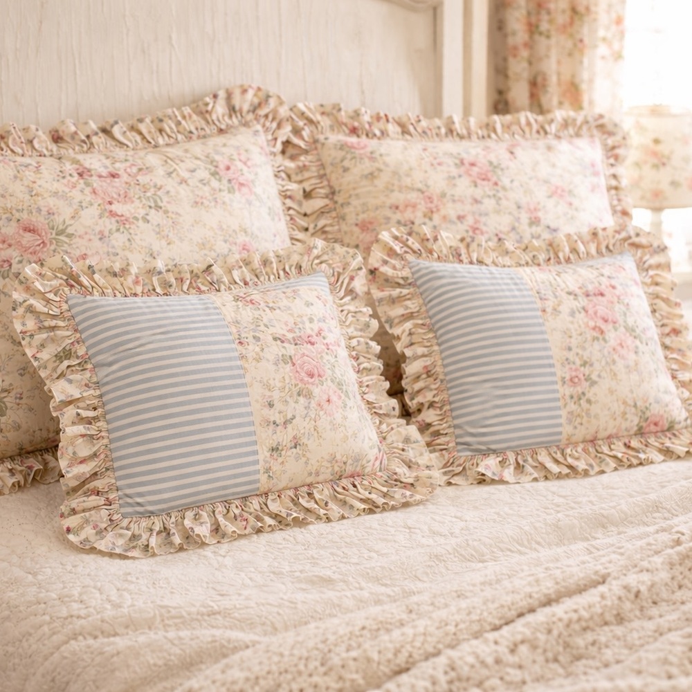 PILLOW SHAMS & ACCENT PILLOW COVERS | Yellow & Blue Patchwork Stripe Floral